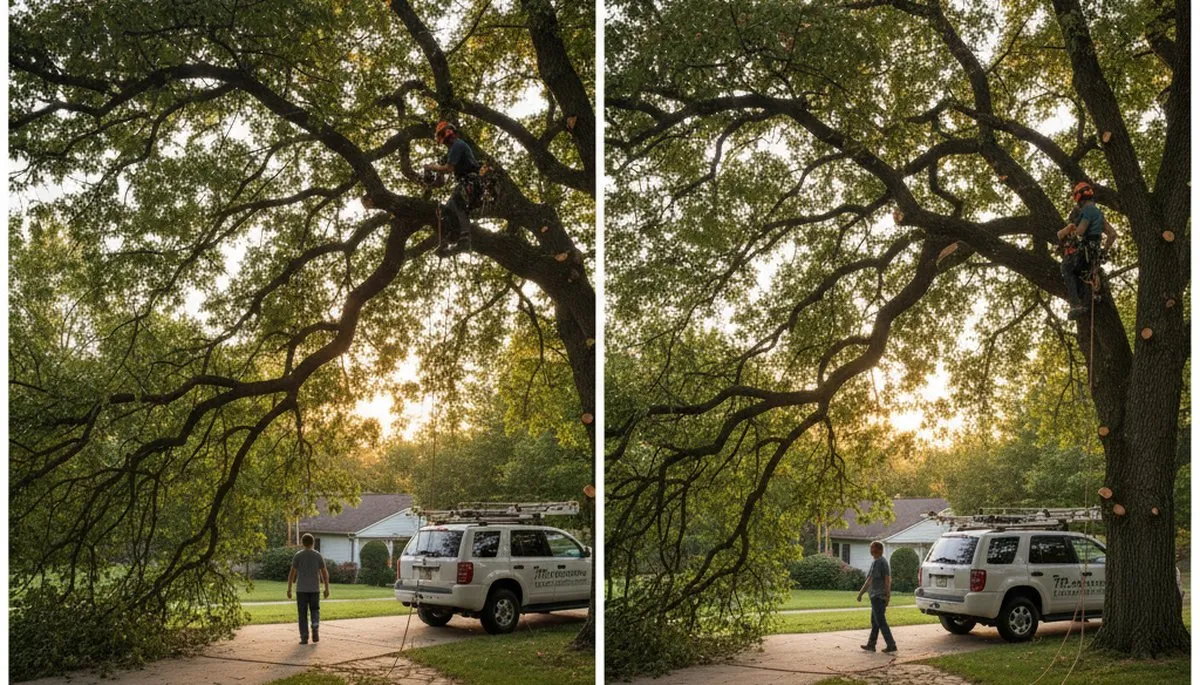 Arborist performing canopy lift tree trimming over residential driveway in Columbia, MO
