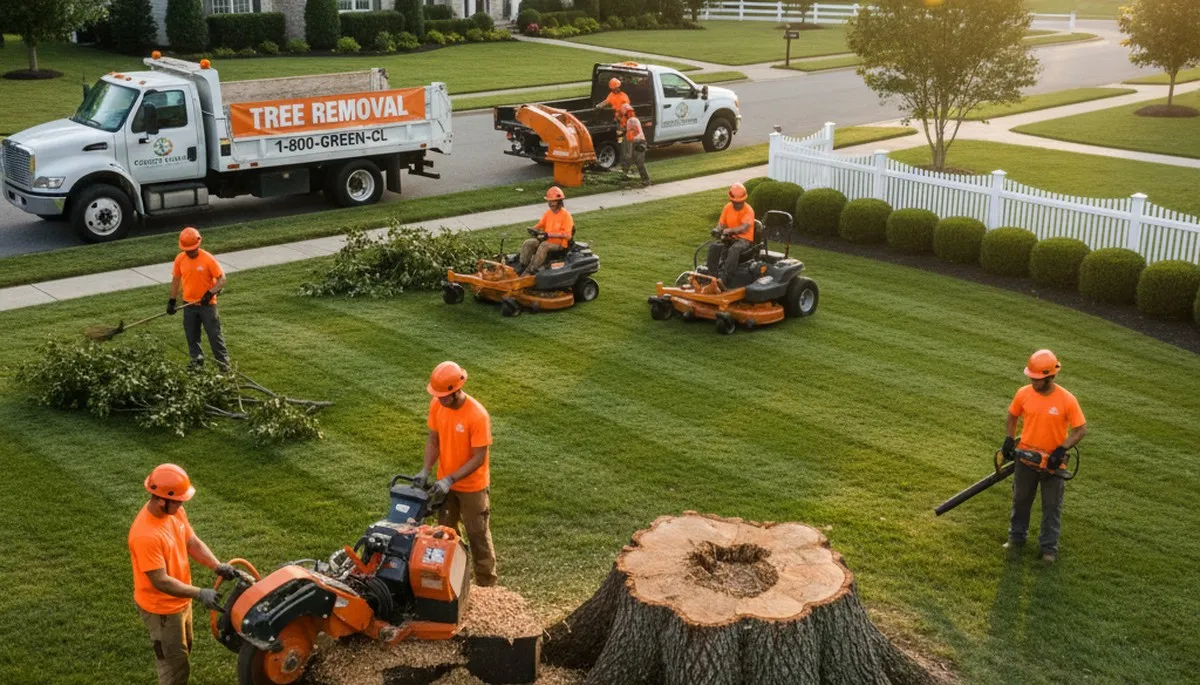 Professional tree removal and lawn care team in Columbia, MO clearing yard safely