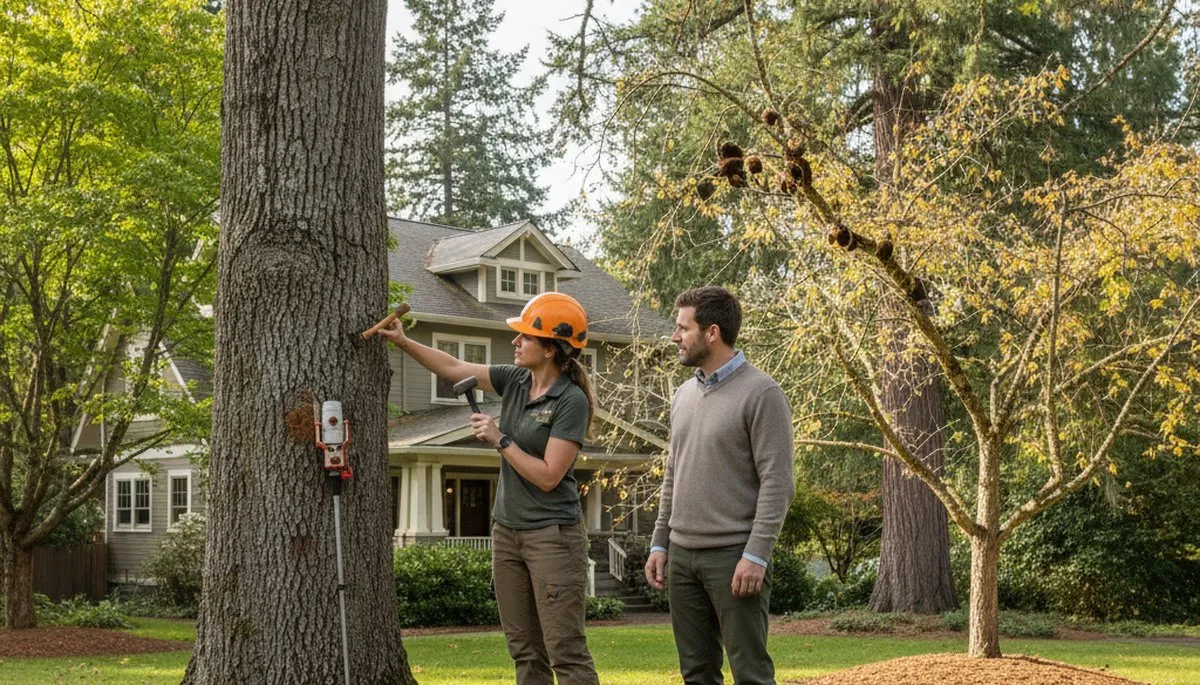 Certified arborist performing tree health assessment for homeowners in Ashland, near Columbia, MO
