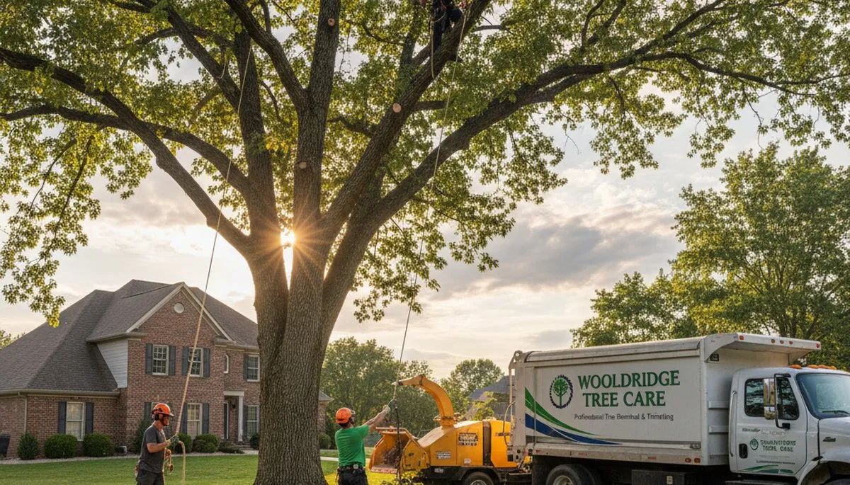 Professional tree removal service in Columbia, MO by certified arborists safely cutting large oak tree